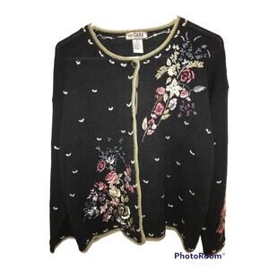 Tiara Vintage‎ Floral Embroidered Button Down Sweater Size Large Black Pink Blue